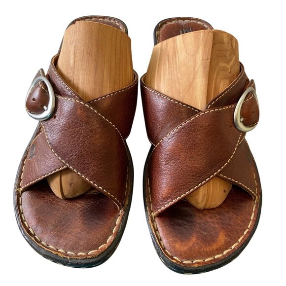 Born Sandals Womens Brown Leather Buckle Slip-On Wedge Shoes Size 7 - Picture 2 of 10